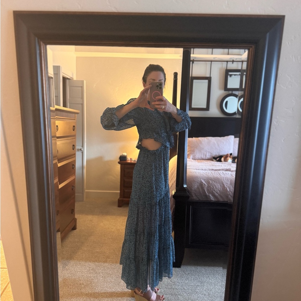 Misa Los Angeles Teal and Black Floral Dress